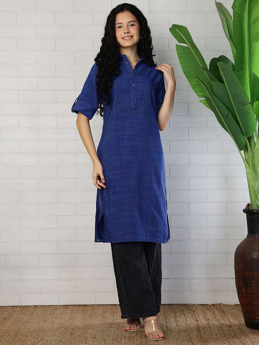Women Blue Cotton Straight Kurta - 22472537 -  Standard Image - 2