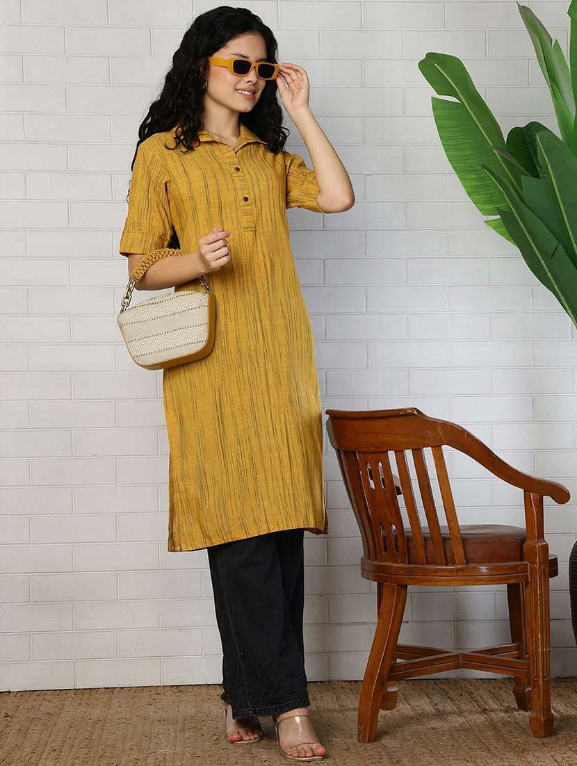 women mustard cotton straight kurta