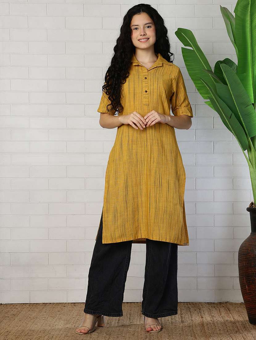 women mustard cotton straight kurta - 22472538 -  Standard Image - 2