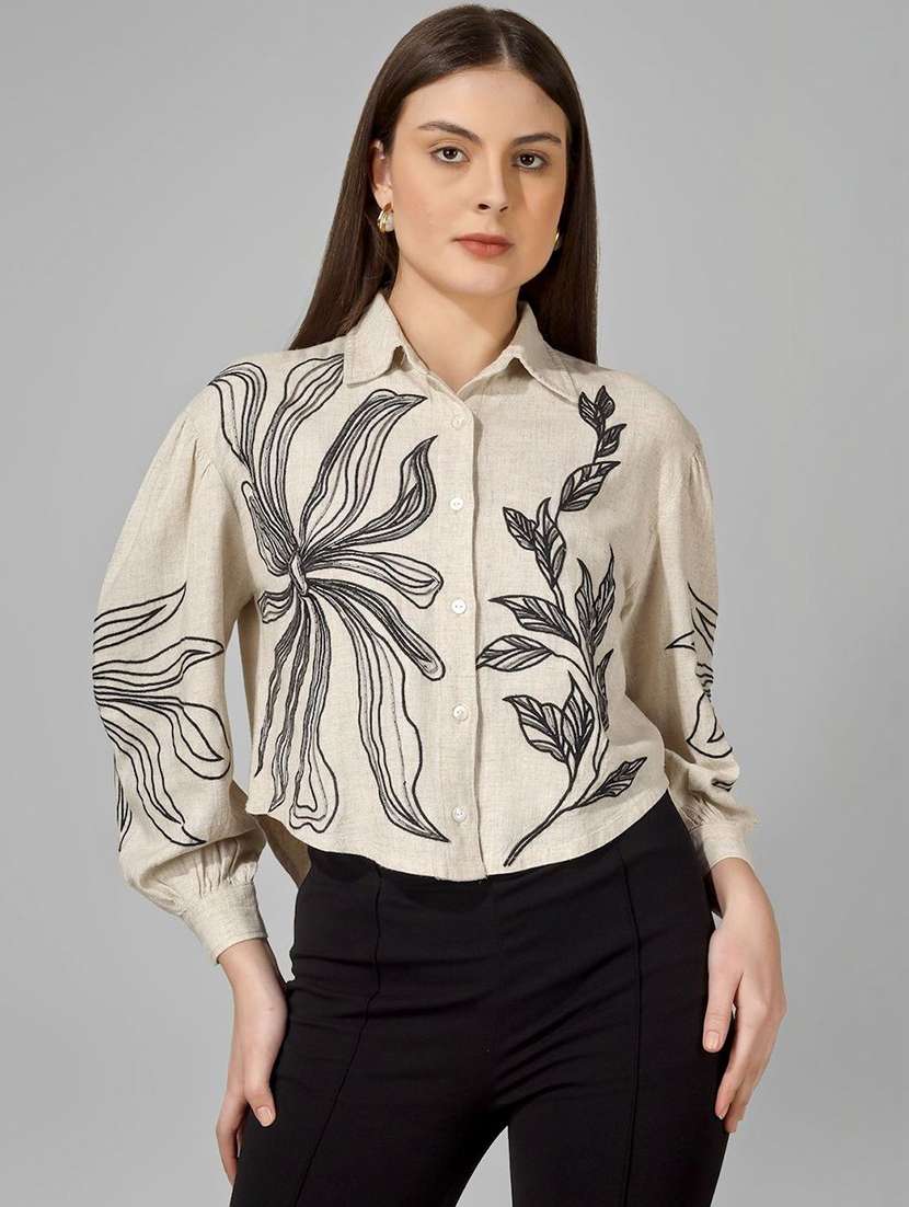 women floral cream cotton shirt top