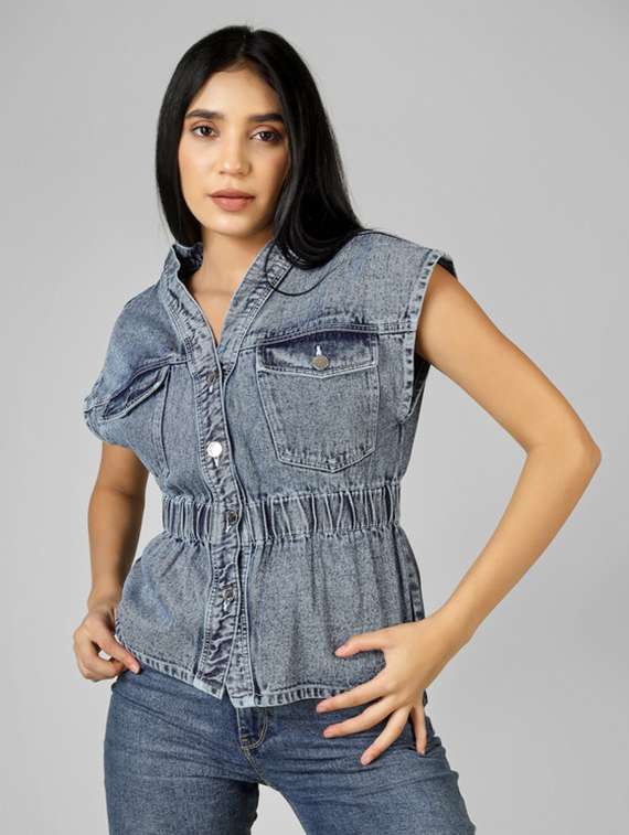 women solid blue cotton shirt top