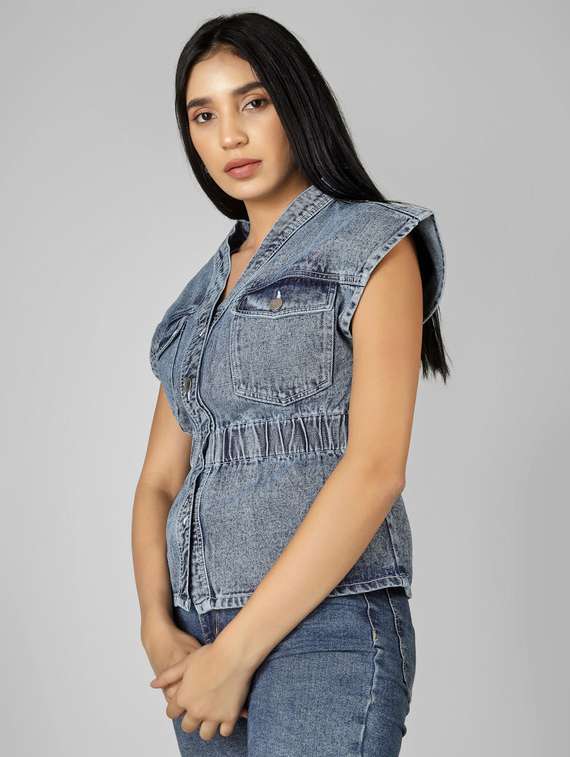 Women Solid Blue Cotton Shirt Top - 22472572 -  Standard Image - 2