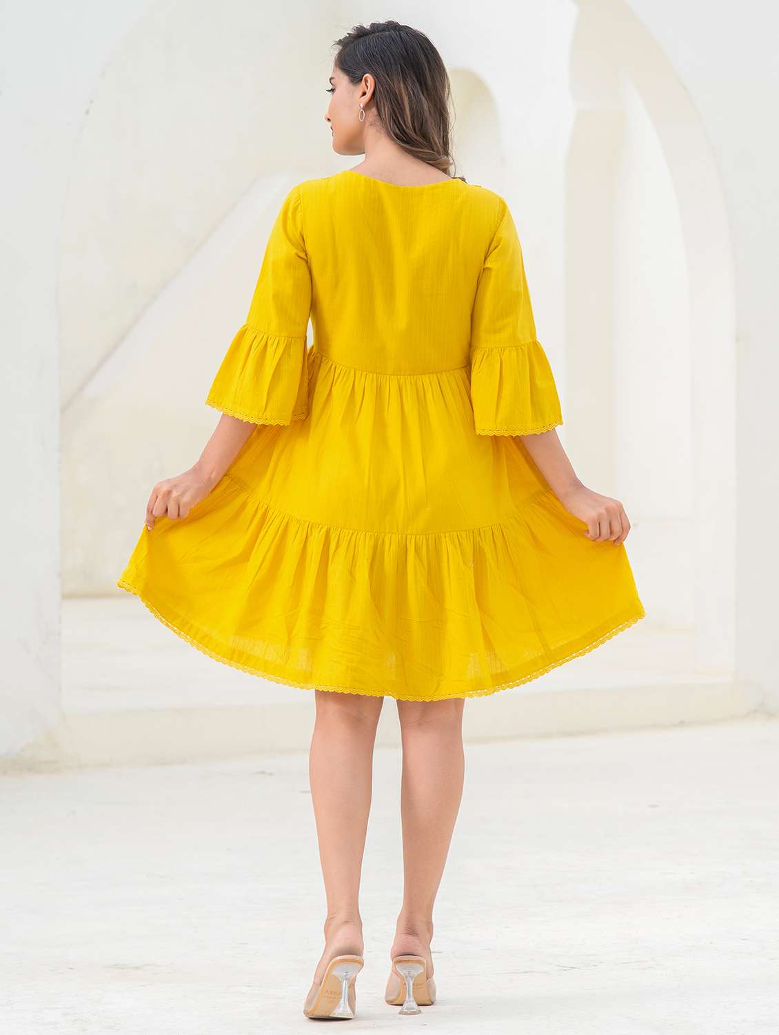 women solid with work round neck tiered ethnic dress - 22473091 -  Standard Image - 2