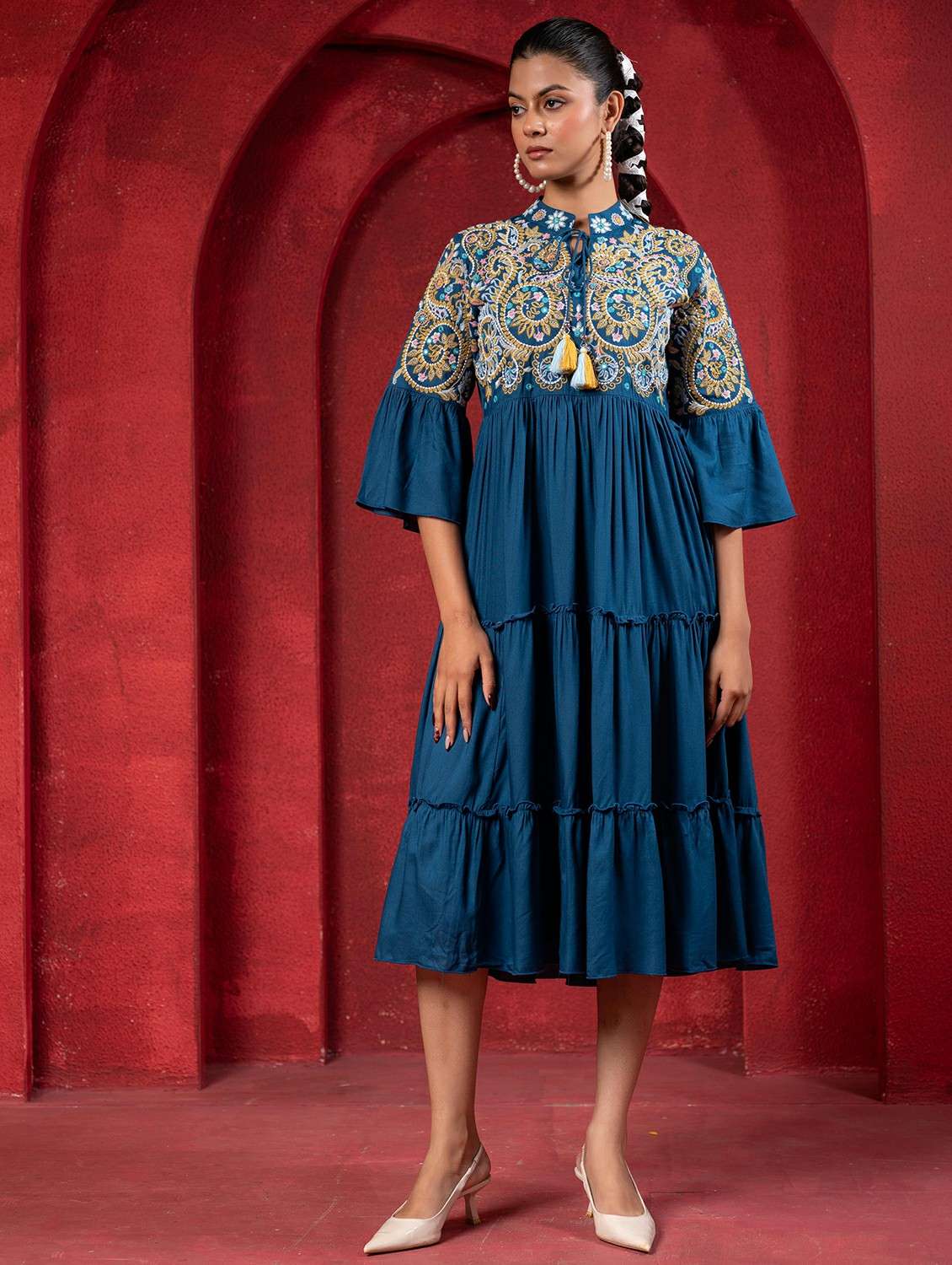 women indigo viscose fit & flare ethnic dress