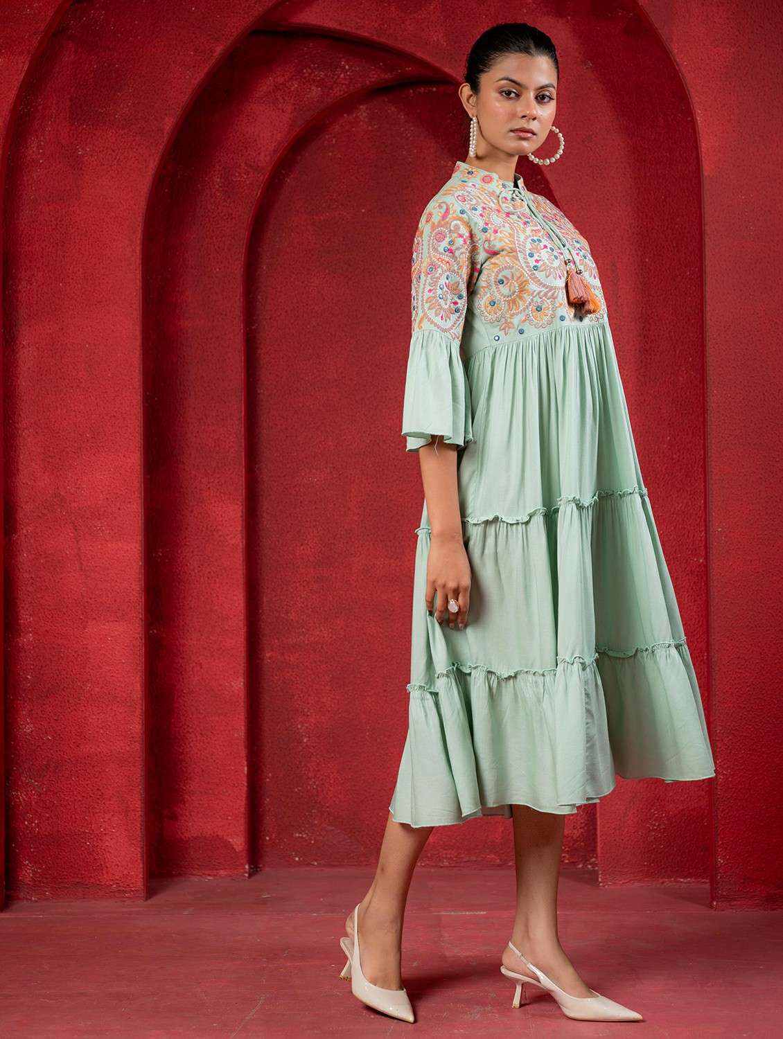 women printed green viscose fit & flare ethnic dress - 22473103 -  Standard Image - 2