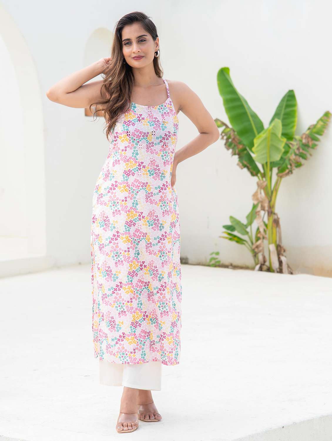 women pink cotton straight kurta