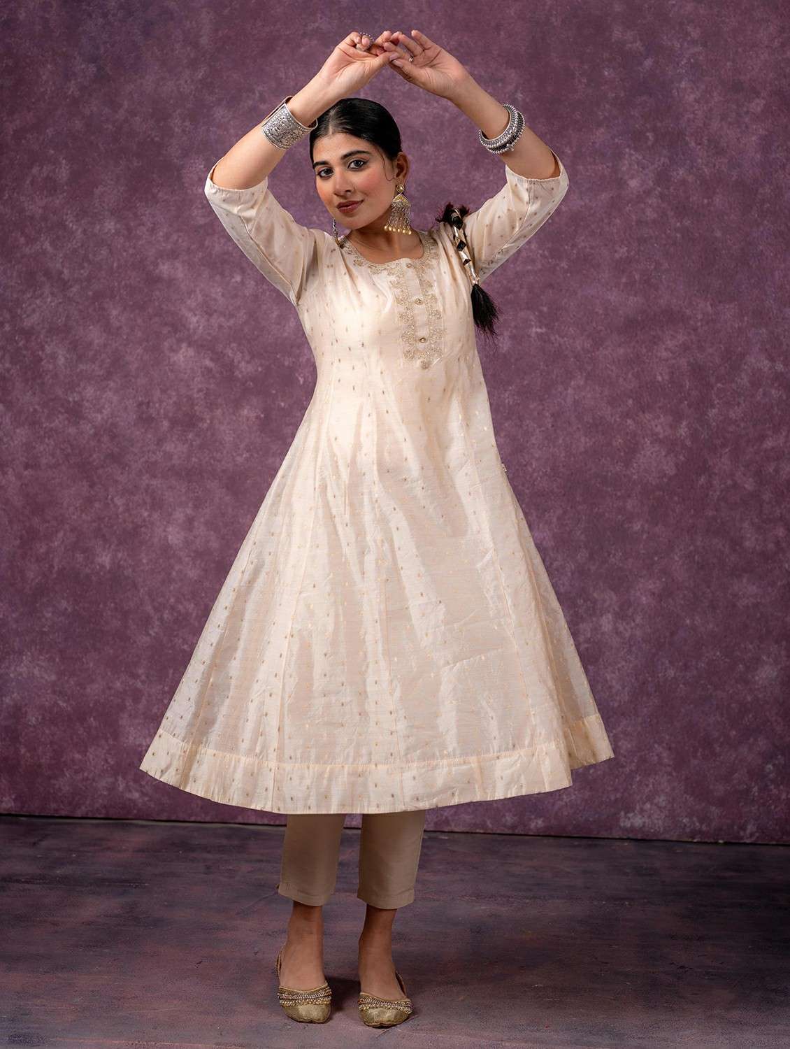 women beige polyester a-line kurta