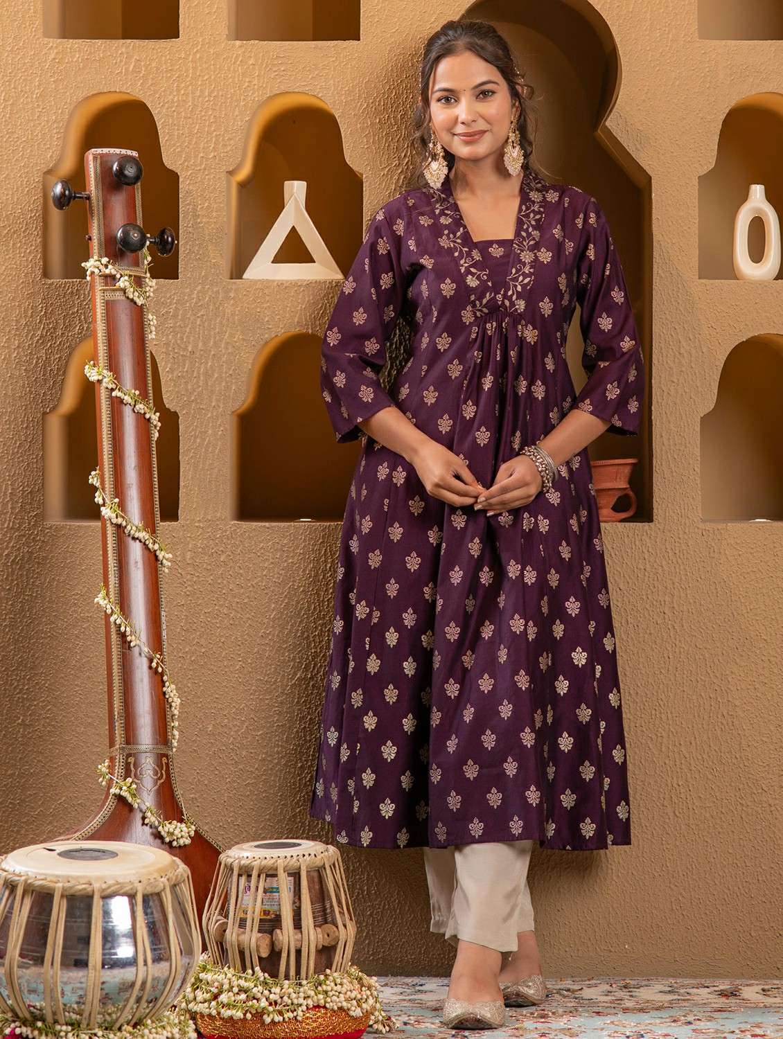 women printed three quarter sleeve a-line kurta - 22473132 -  Standard Image - 2