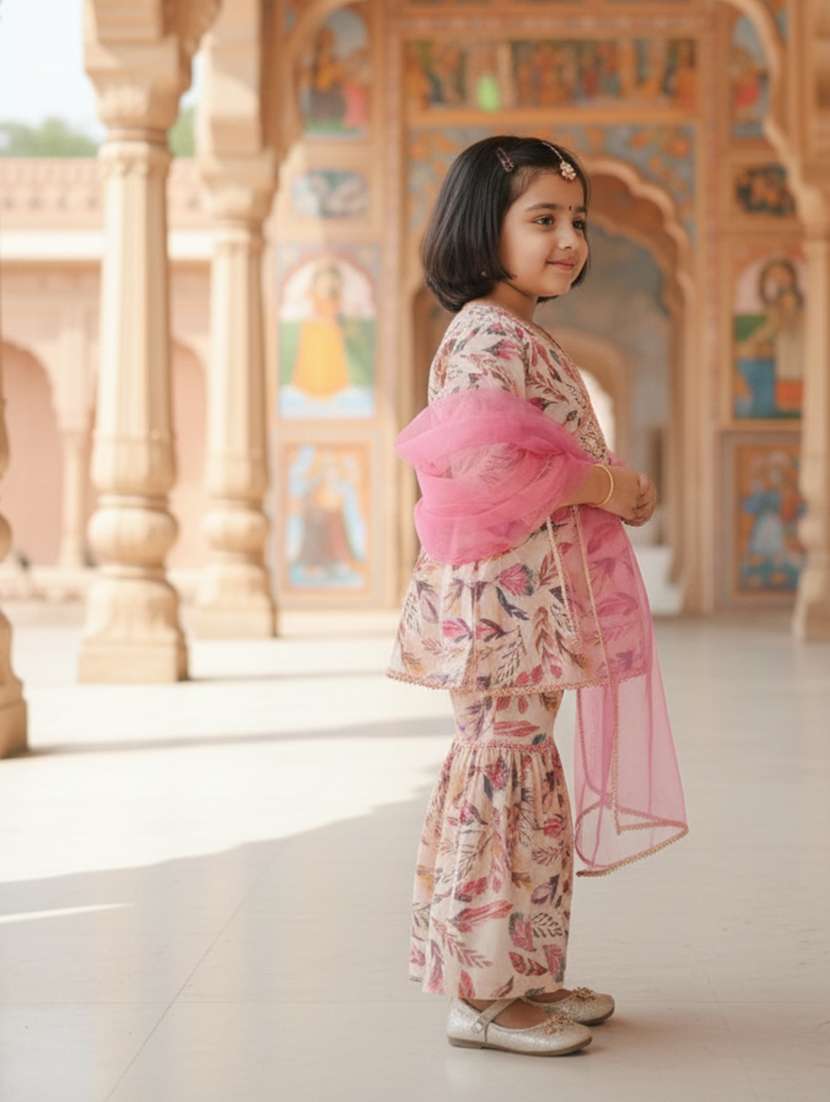 girl peach cotton blend kurta sharara set suit set - 22473201 -  Standard Image - 2