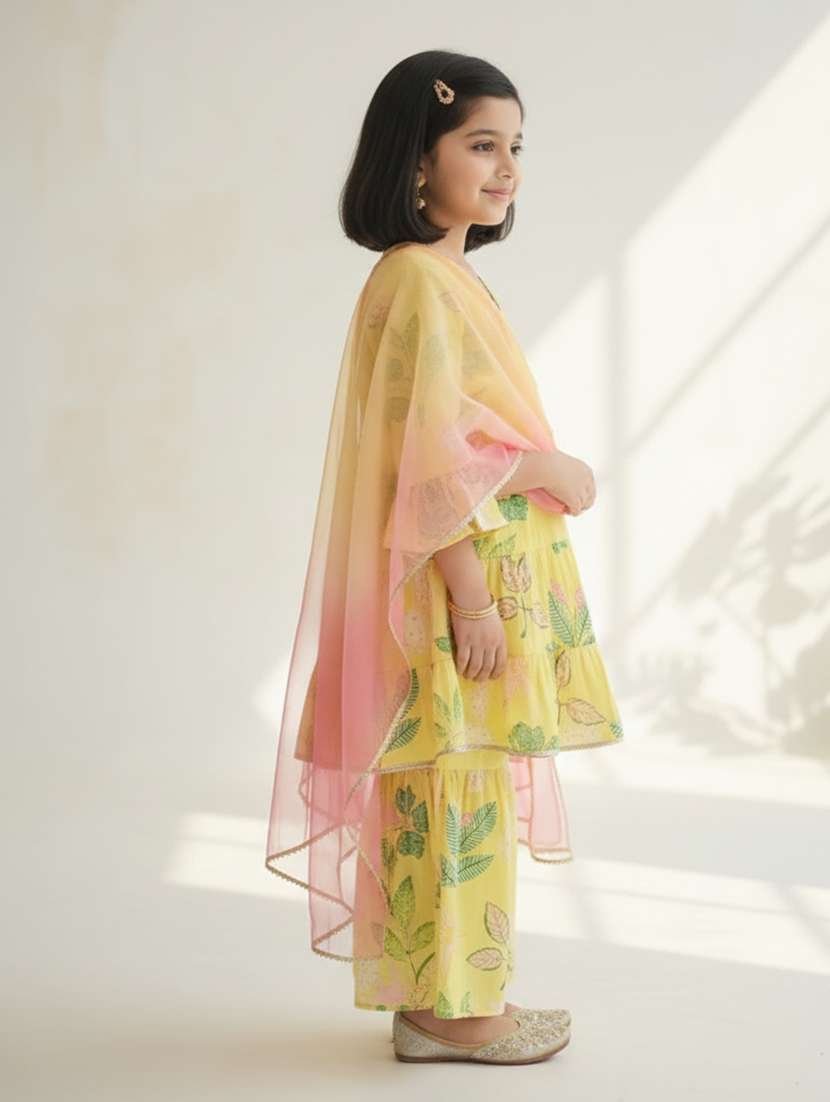 girls yellow cotton blend kurta sharara set suit set - 22473203 -  Standard Image - 2