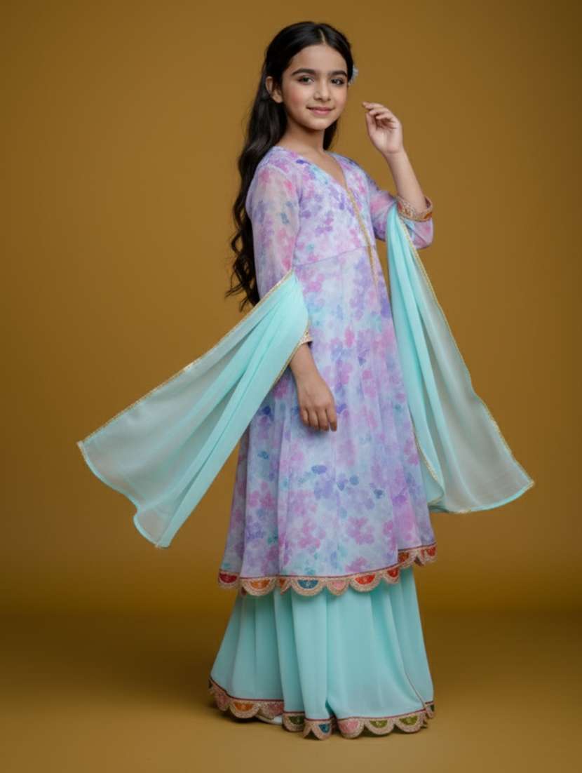 girl multi colored georgette kurta skirt set suit set - 22473206 -  Standard Image - 2