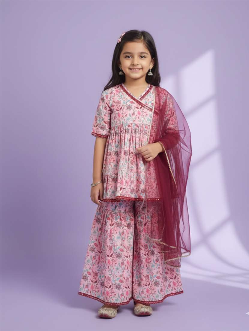girls floral peach viscose kurta sharara set suit set