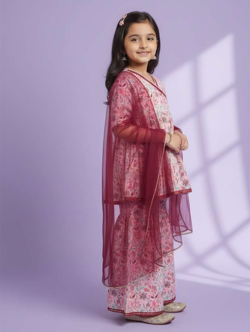 Girls Floral Peach Viscose Kurta Sharara Set Suit Set - 22473210 -  Standard Image - 2