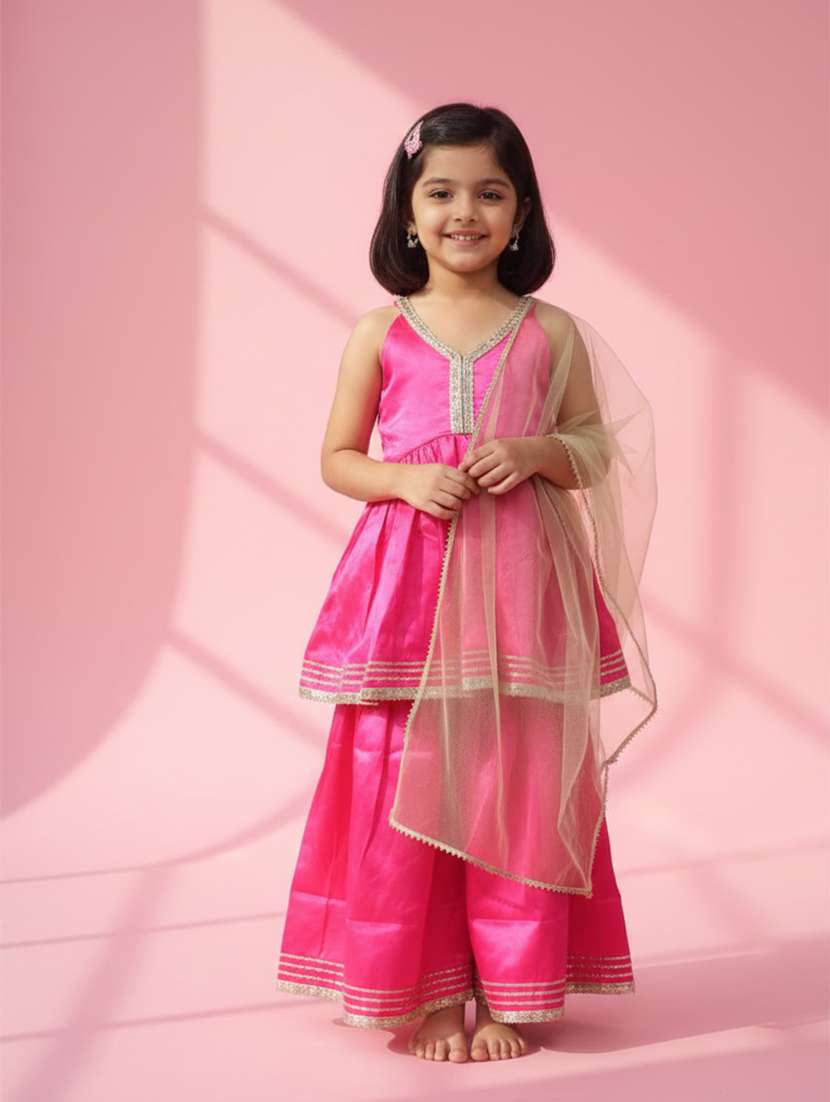 kids magenta satin kurta sharara set suit set