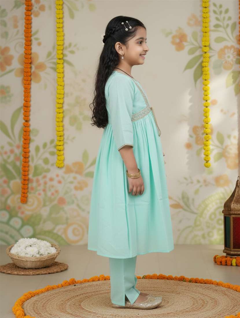 girl sea green cotton kurta pant set suit set - 22473217 -  Standard Image - 2