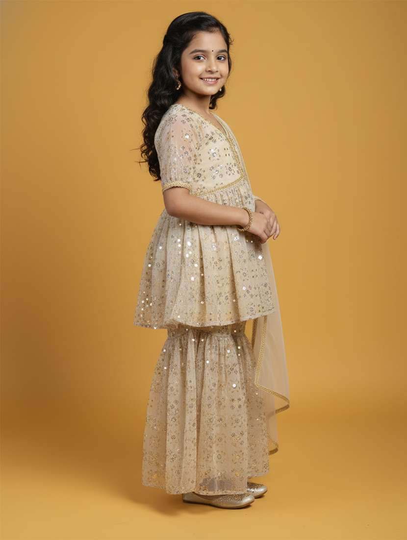 girl beige viscose kurta sharara set suit set - 22473218 -  Standard Image - 2