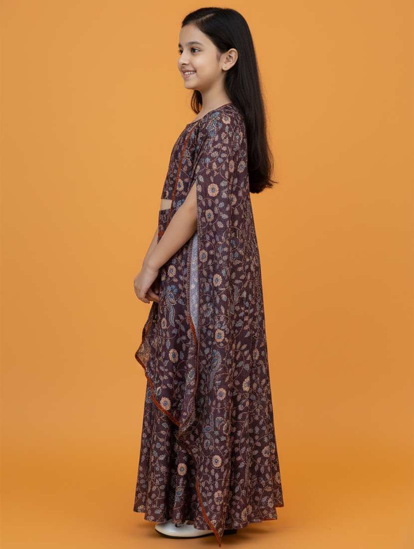 Girls Floral Brown Viscose Skirt Top Set Suit Set - 22473219 -  Standard Image - 2