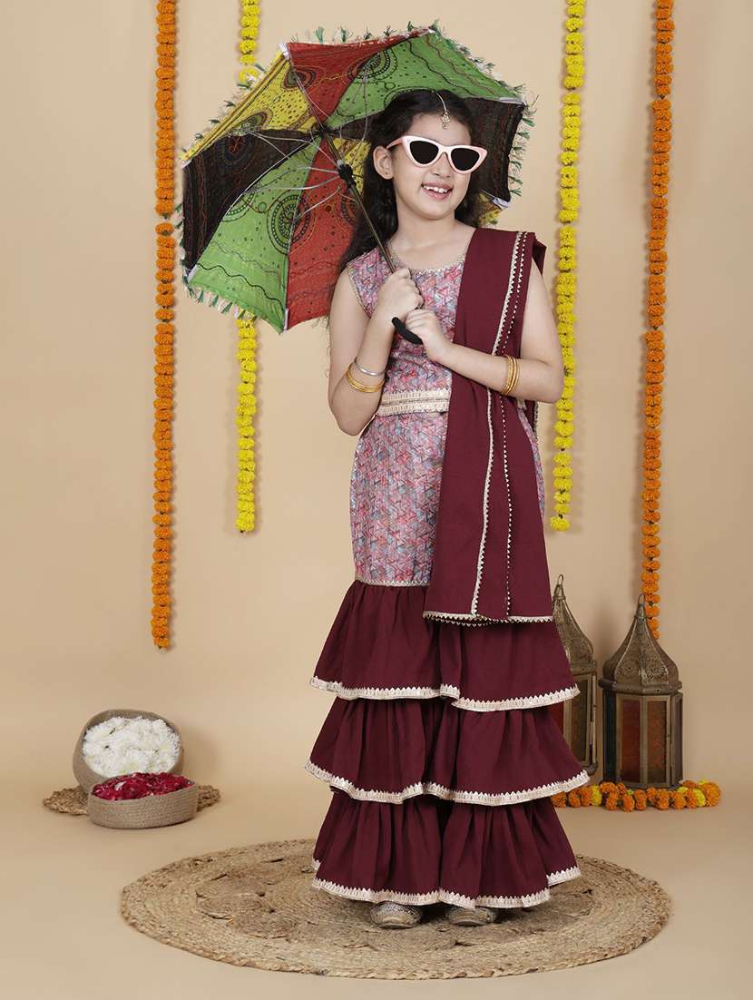 girls self design maroon viscose kurta sharara set suit set - 22473223 -  Standard Image - 2
