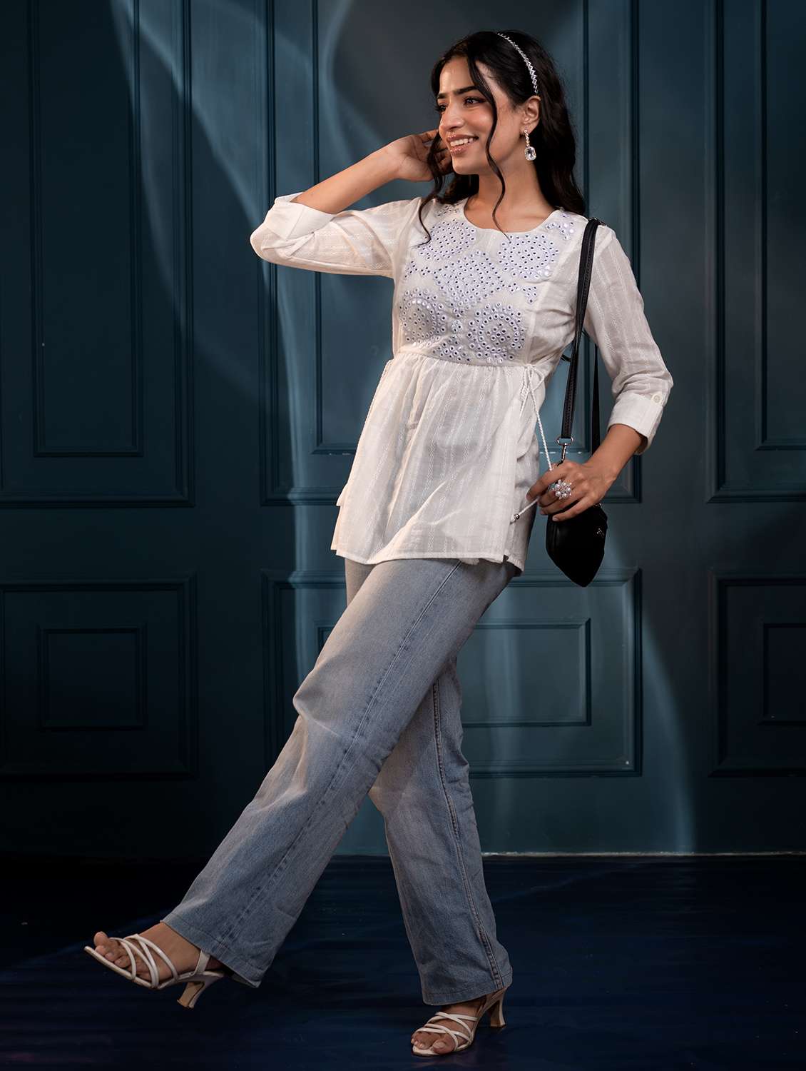 Women White Cotton Flared Top - 22473260 -  Standard Image - 2