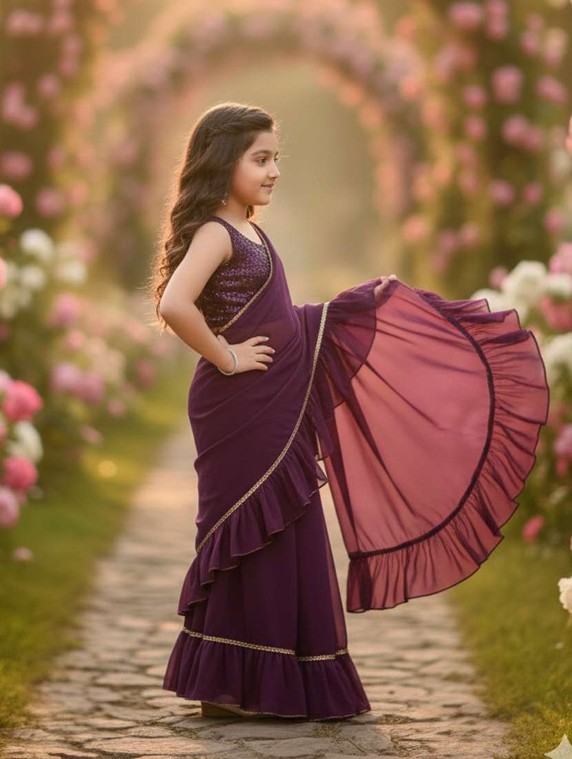 girls purple ready to wear saree - 22473277 -  Standard Image - 2