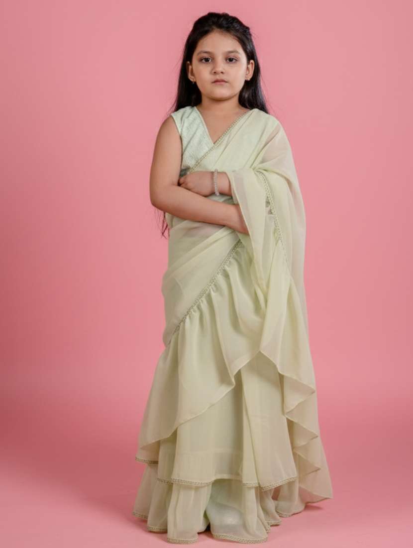 Girls Sea Green Ready To Wear Saree - 22473279 -  Standard Image - 2