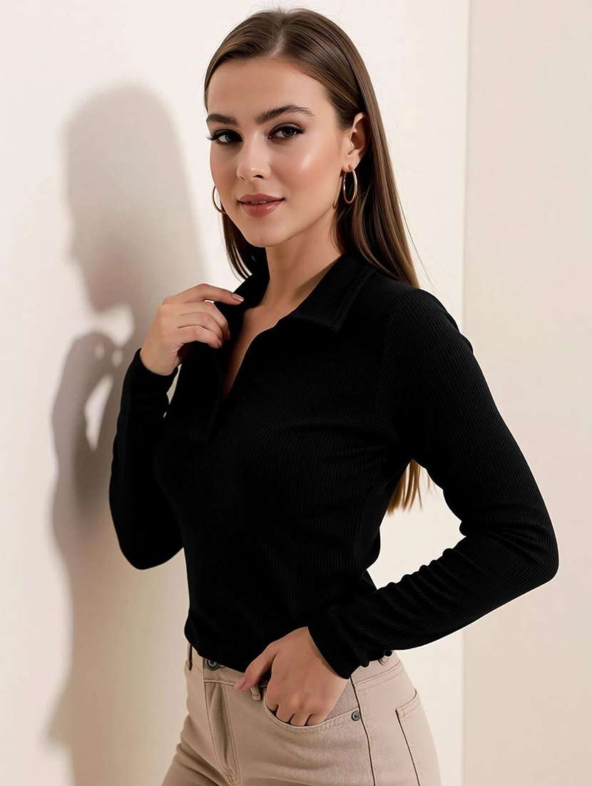 women solid long sleeve polo top - 22473322 -  Standard Image - 2