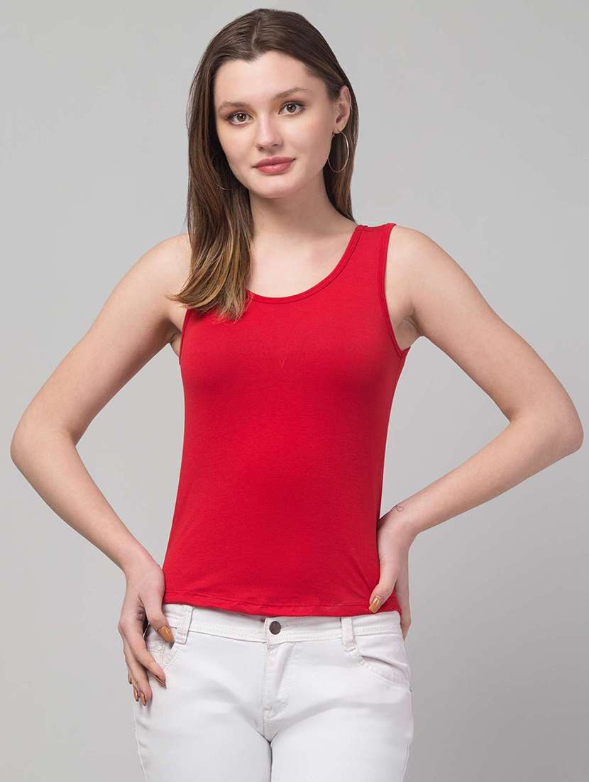 women solid red viscose tank top top