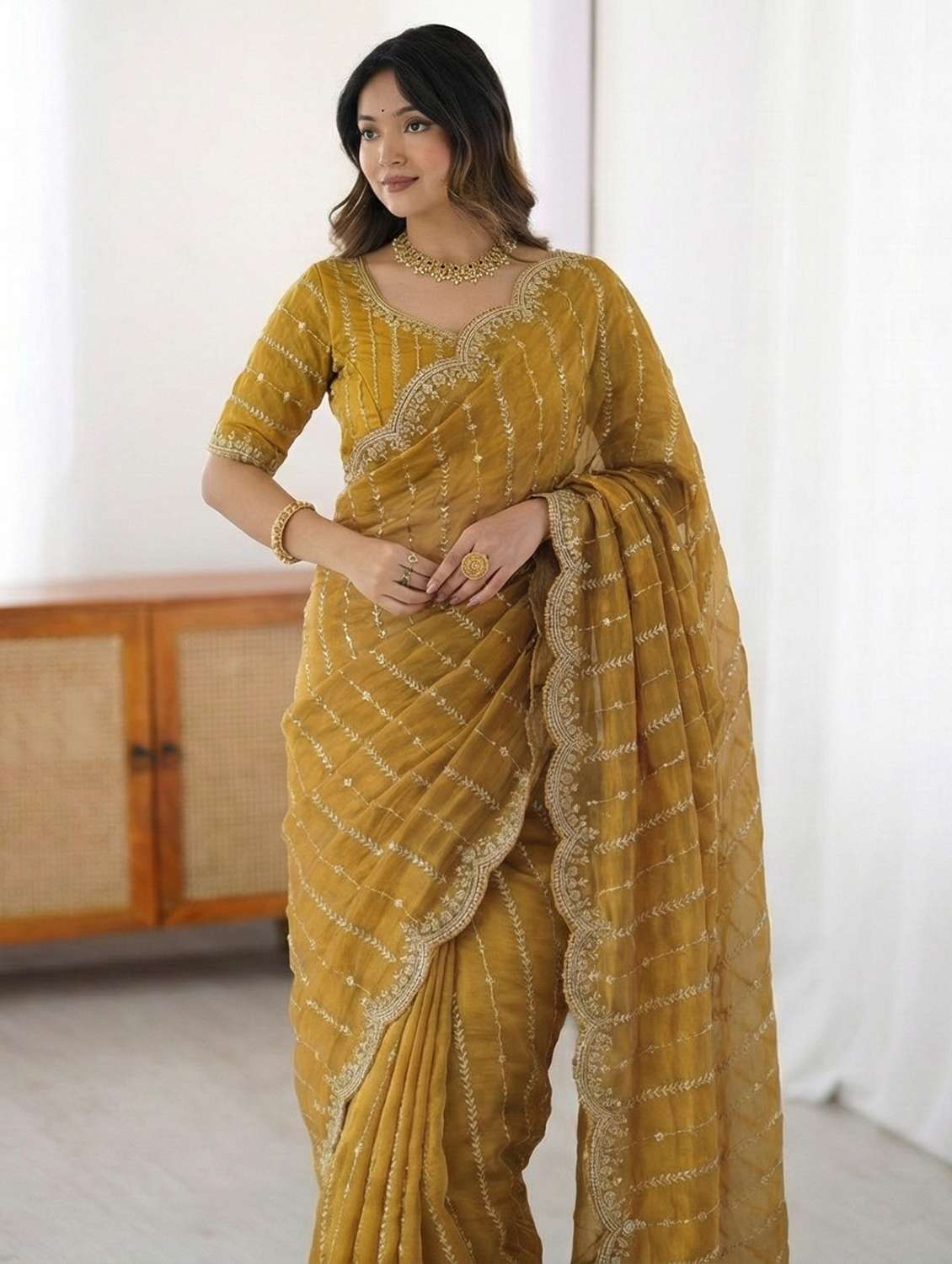 women mustard embellished saree with blouse - 22473655 -  Standard Image - 2
