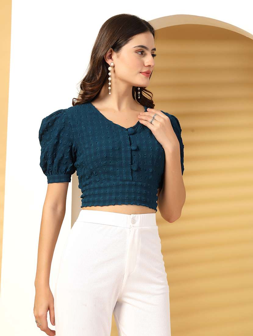 Women Solid Puff Sleeve Crop Top - 22473830 -  Standard Image - 2