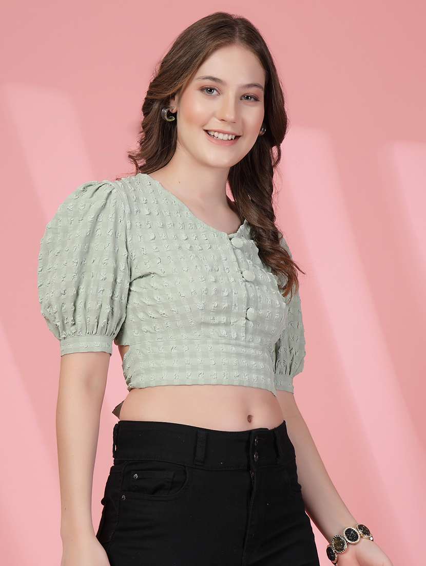 women solid puff sleeve crop top - 22473831 -  Standard Image - 2