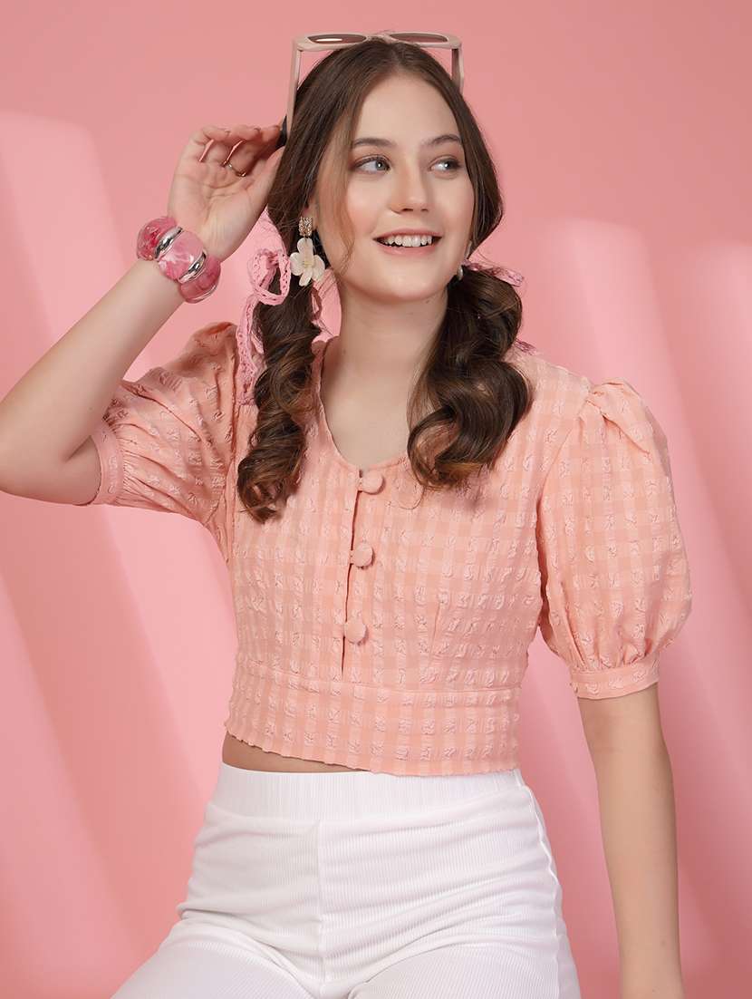 women solid puff sleeve crop top - 22473833 -  Standard Image - 2