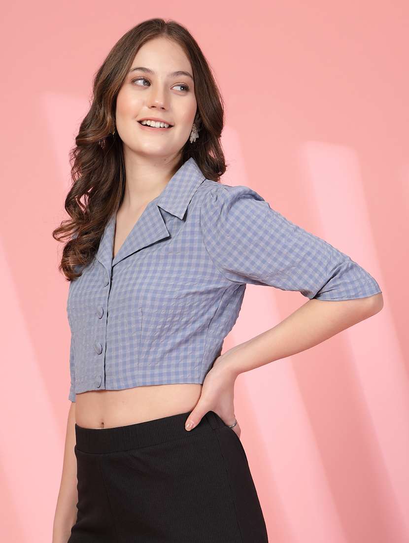 women heckered puff sleeve crop top - 22473842 -  Standard Image - 2