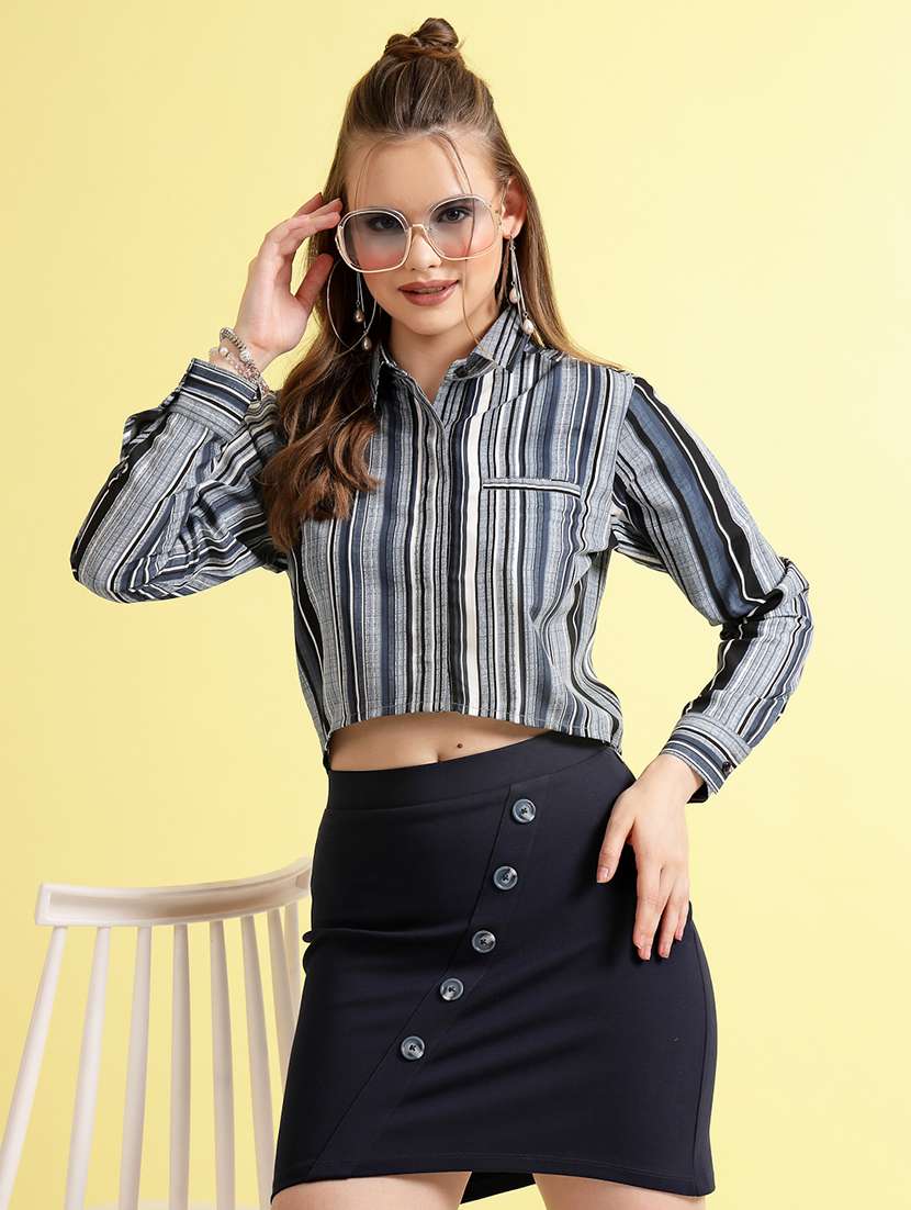 Women Stripes Black Polyester Regular Shirt - 22473896 -  Standard Image - 2