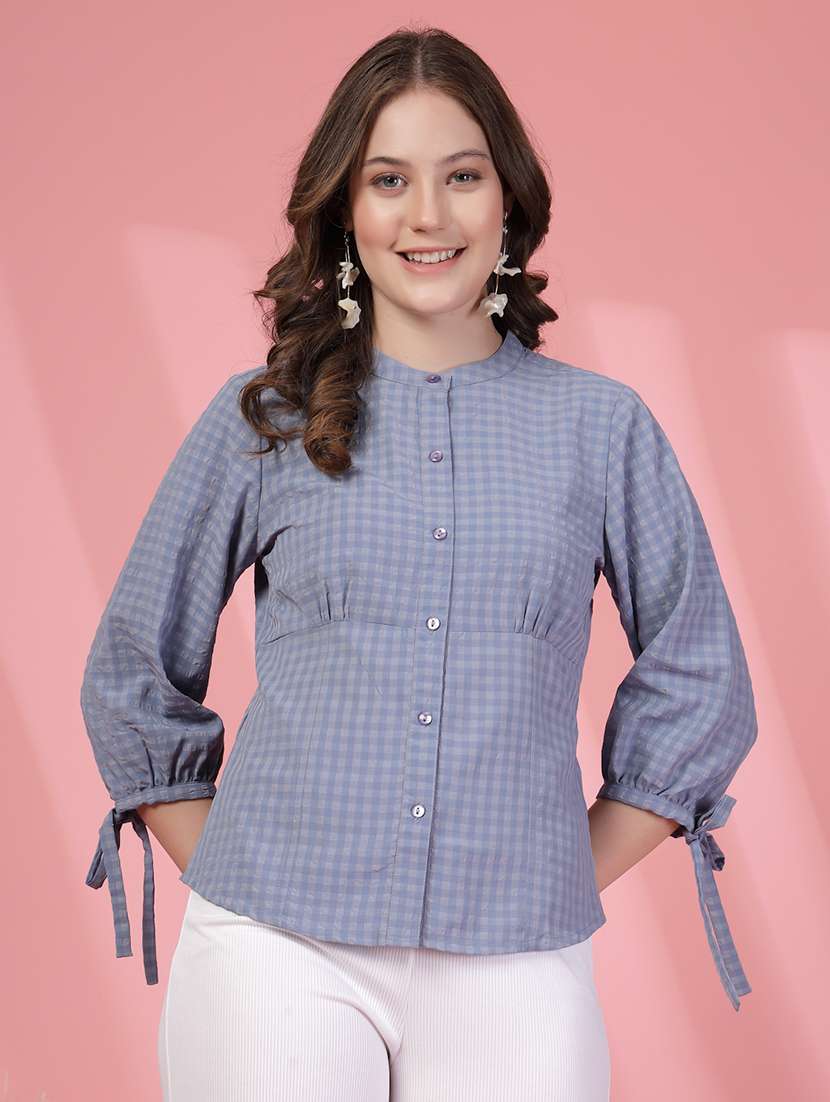 women checks blue viscose regular shirt