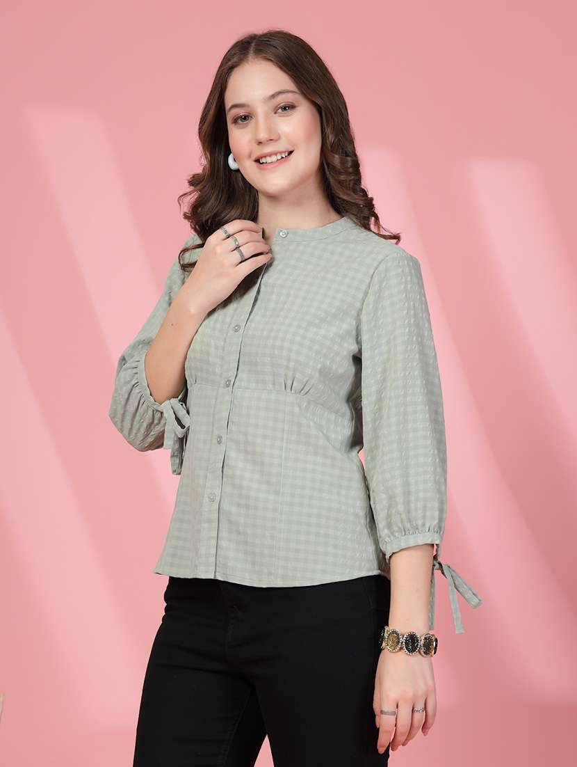 women checks green viscose regular shirt