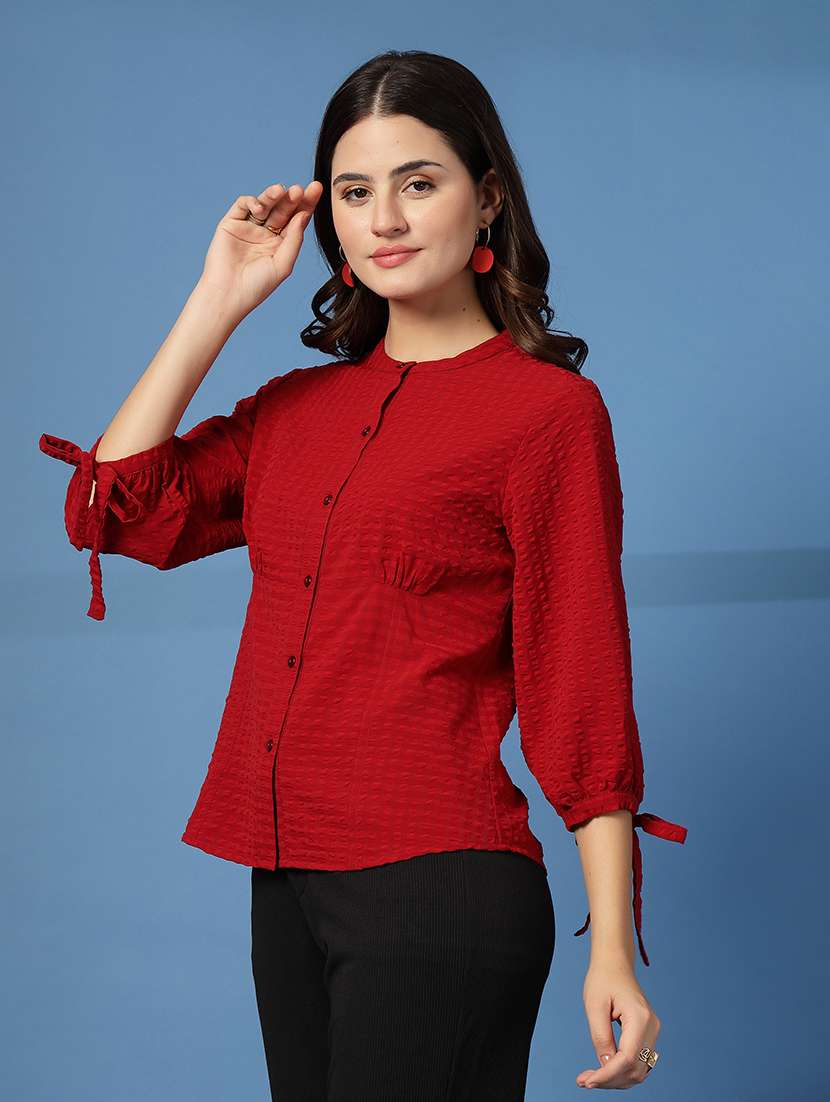 women checks red viscose regular shirt
