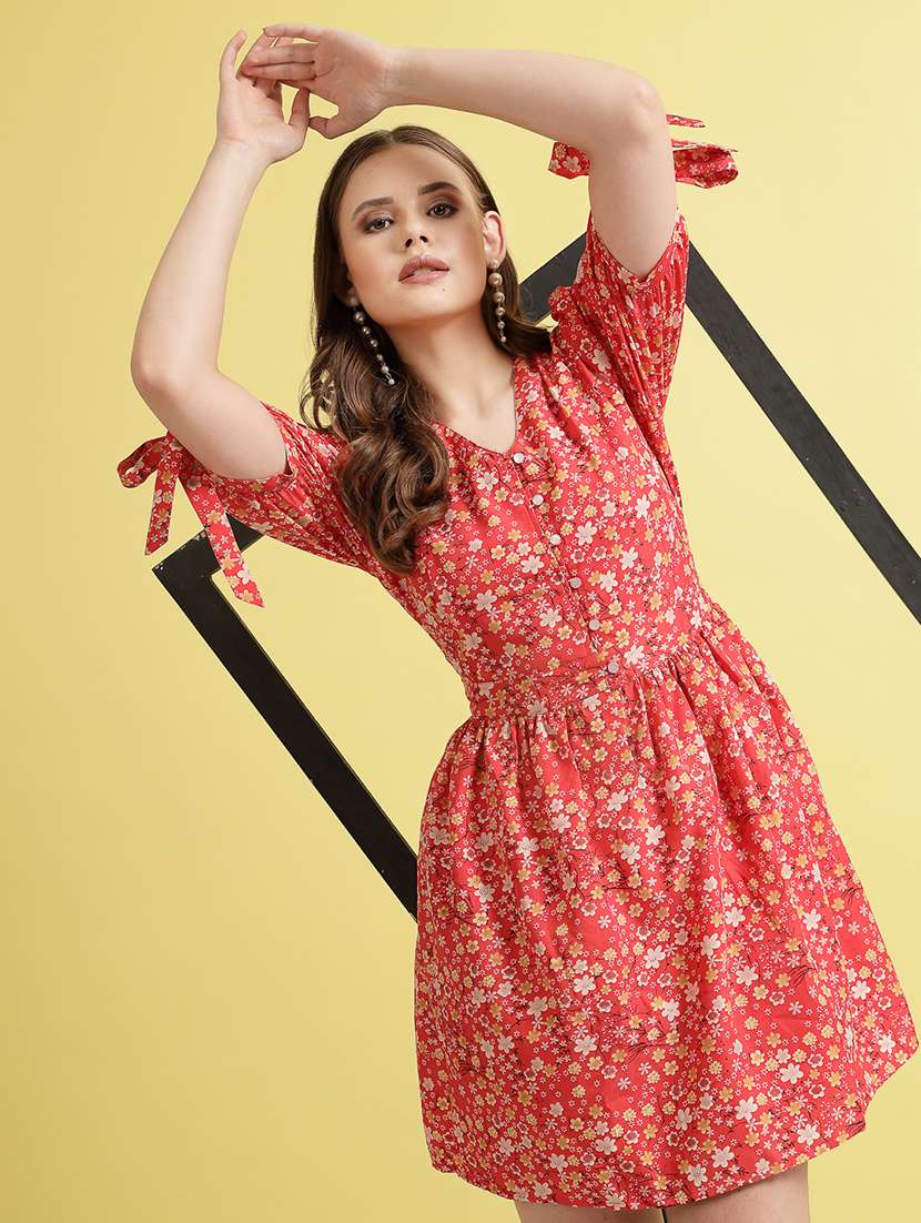 women printed puff sleeve fit & flare dress - 22473944 -  Standard Image - 2
