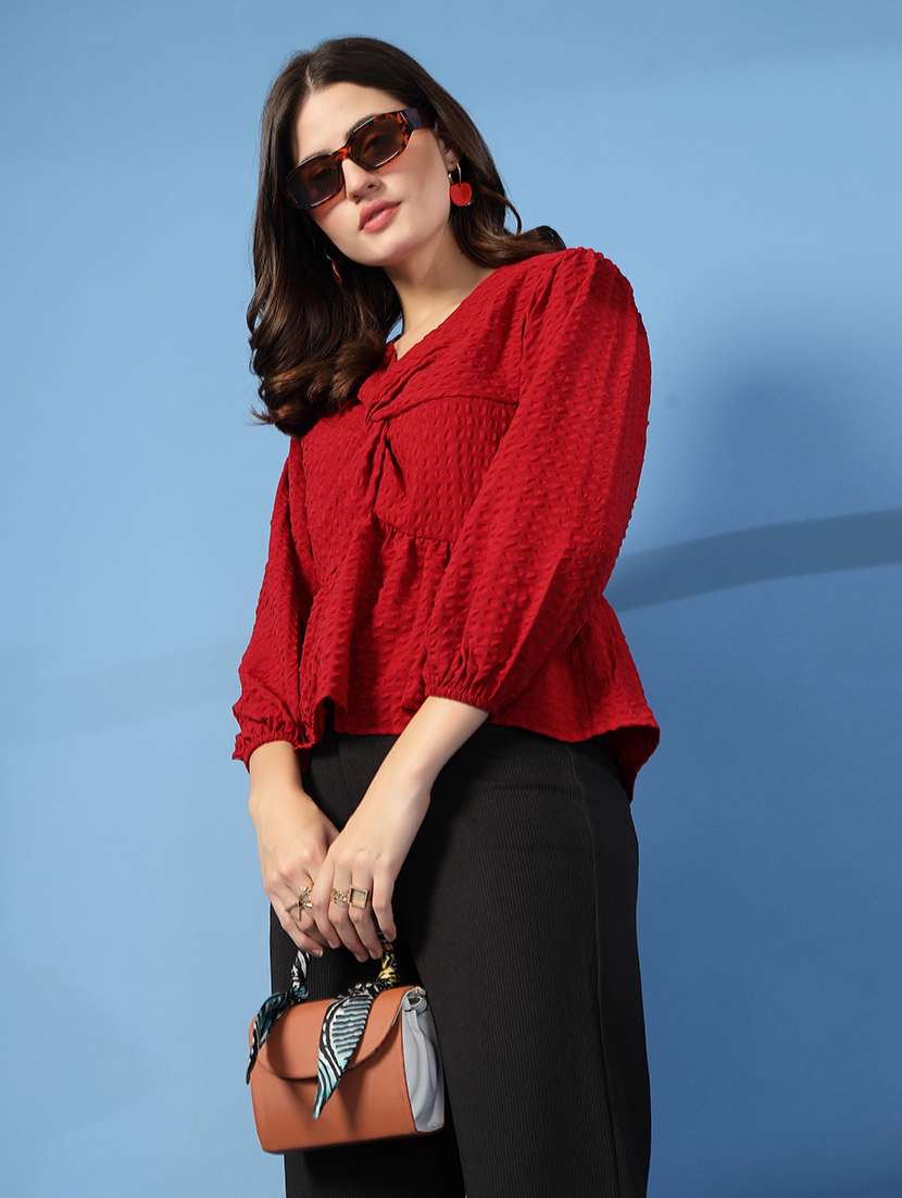women self designed bishop sleeve peplum top - 22473950 -  Standard Image - 2