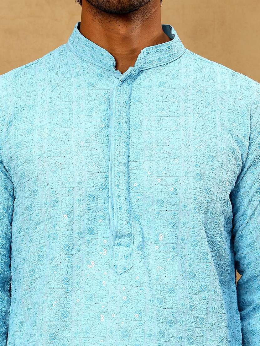 men blue cotton long kurtas kurta - 22476941 -  Standard Image - 2