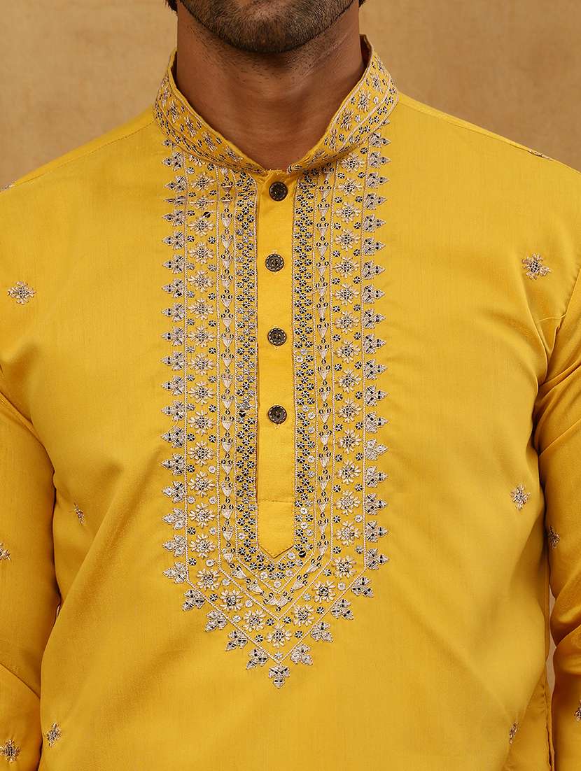 men yellow silk blend long kurtas kurta - 22476943 -  Standard Image - 2