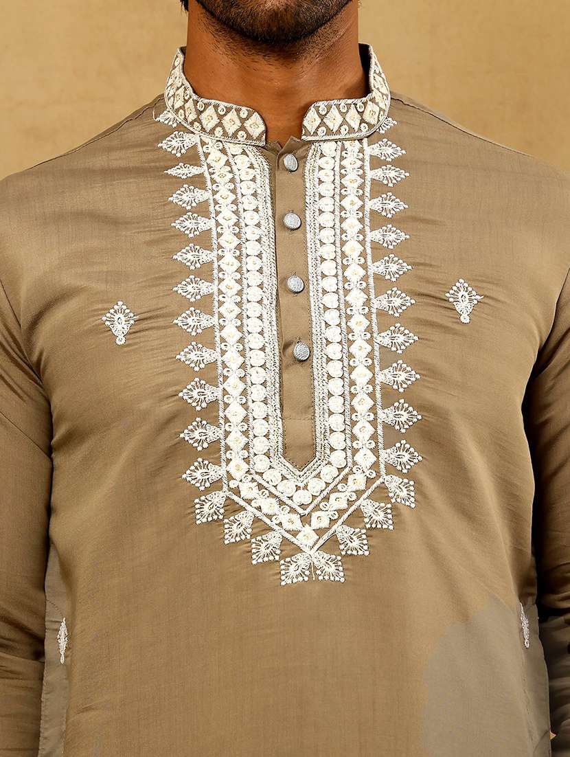 men beige silk blend long kurtas kurta - 22476945 -  Standard Image - 2