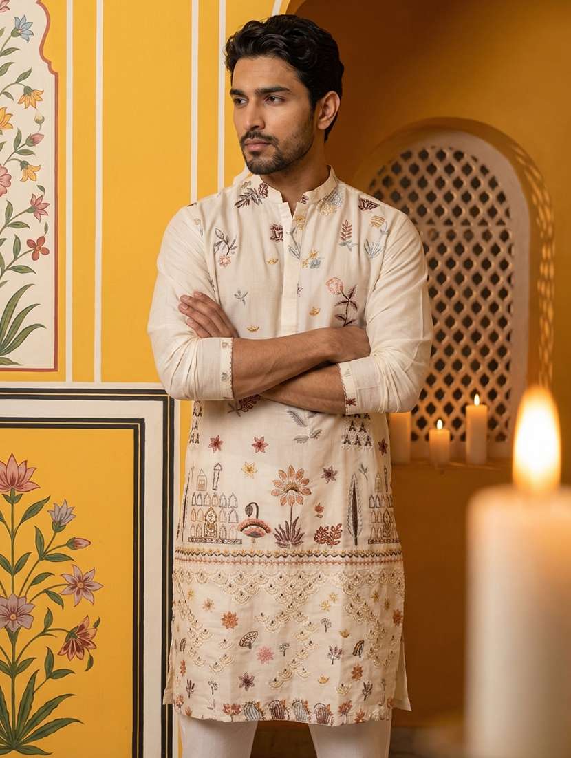 men embroidered long sleeve straight kurta - 22476949 -  Standard Image - 2
