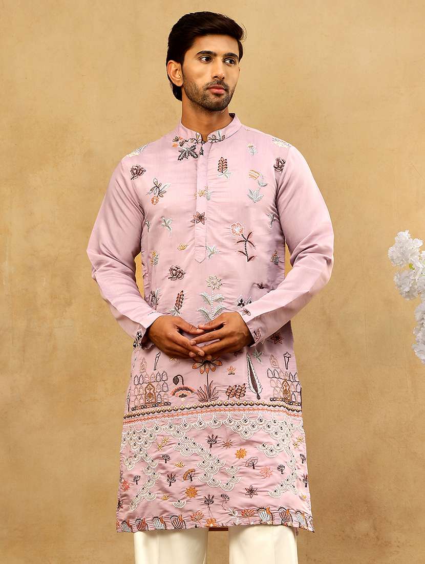 men purple silk blend long kurtas kurta - 22476950 -  Standard Image - 2