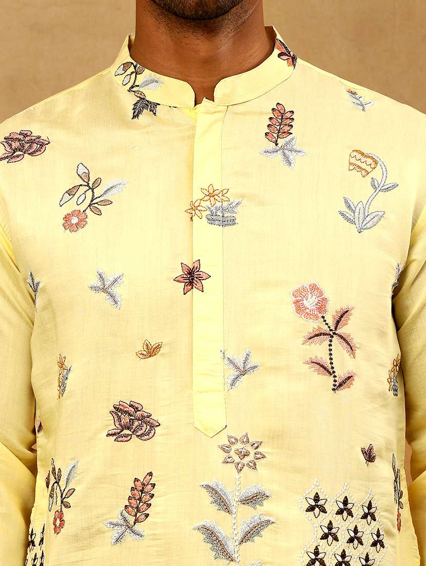 men yellow silk blend long kurtas kurta - 22476952 -  Standard Image - 2