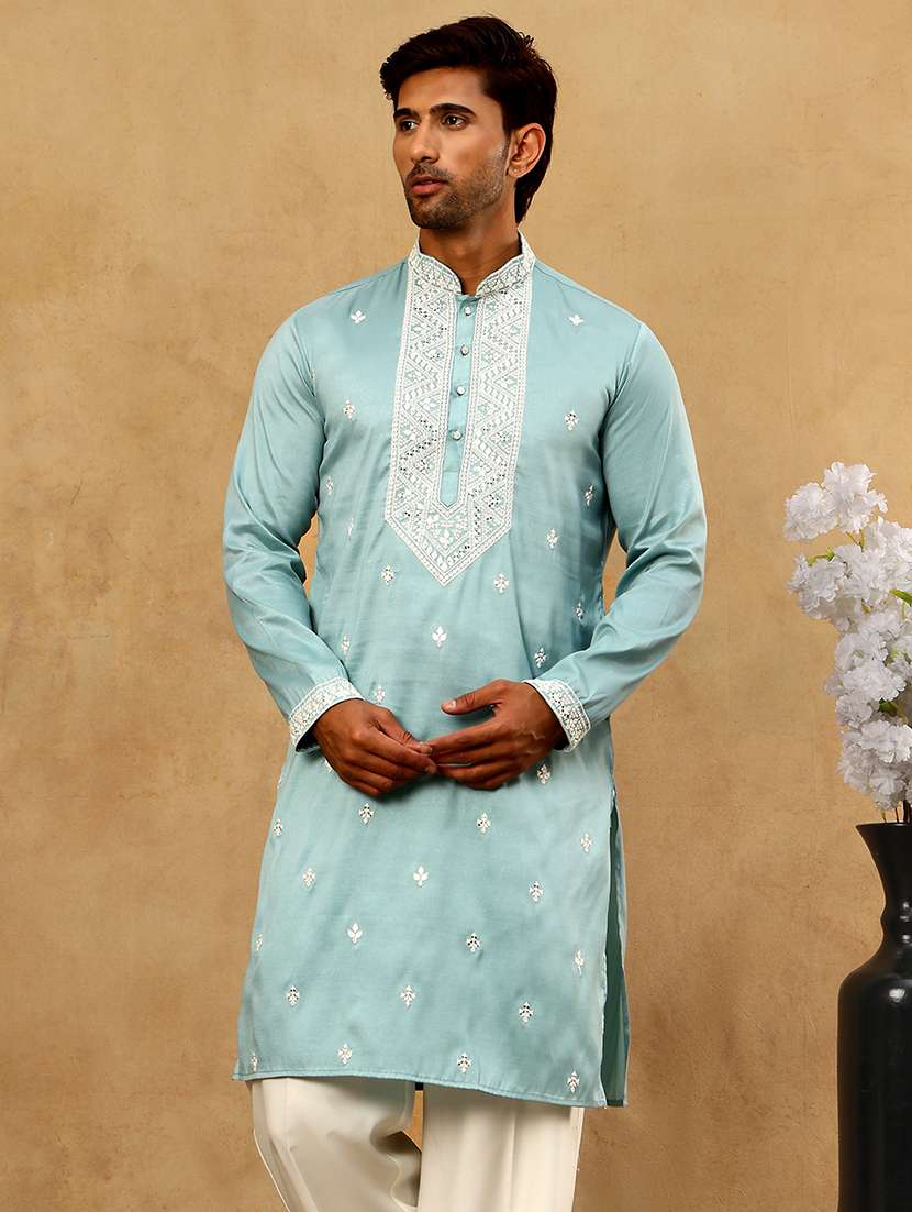 men blue silk blend long kurtas kurta
