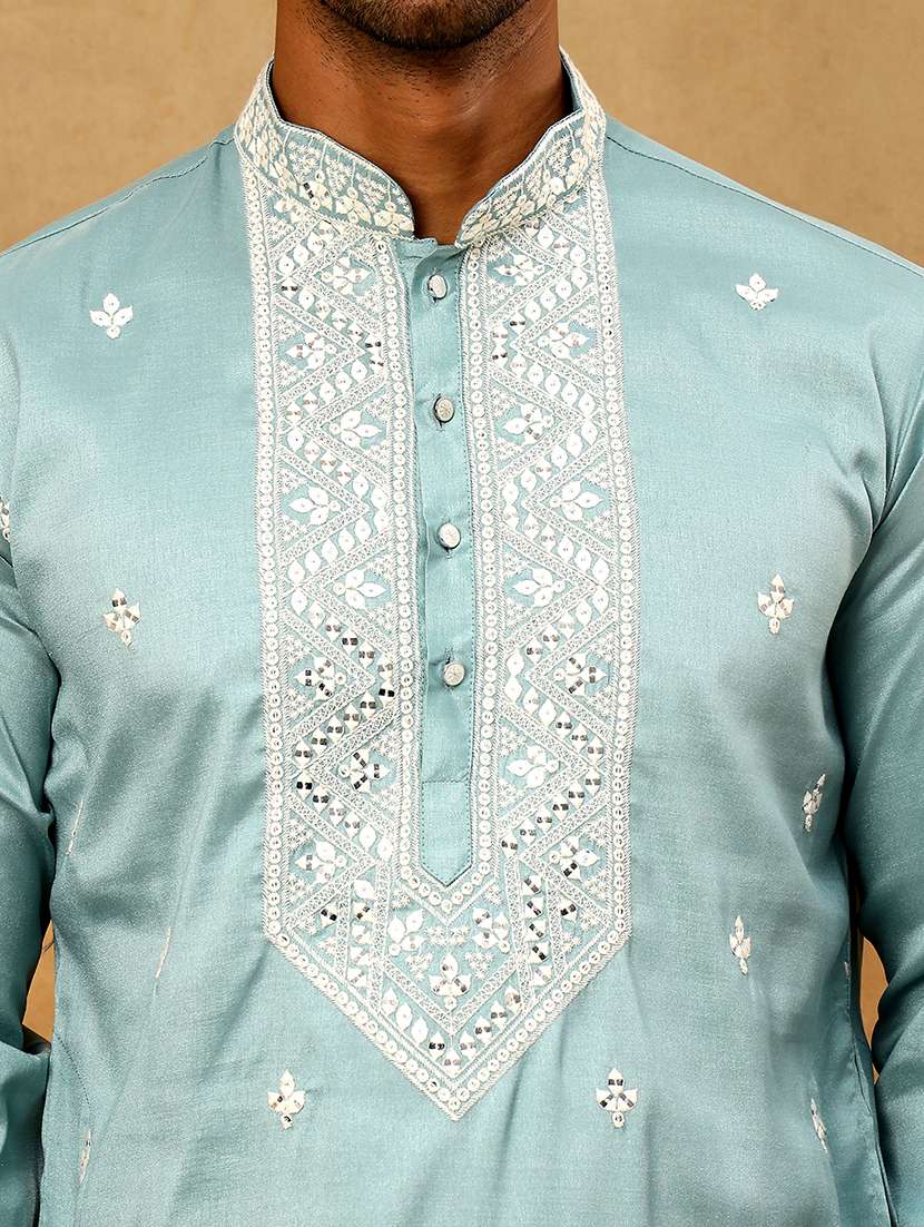 Men Blue Silk Blend Long Kurtas Kurta - 22476956 -  Standard Image - 2