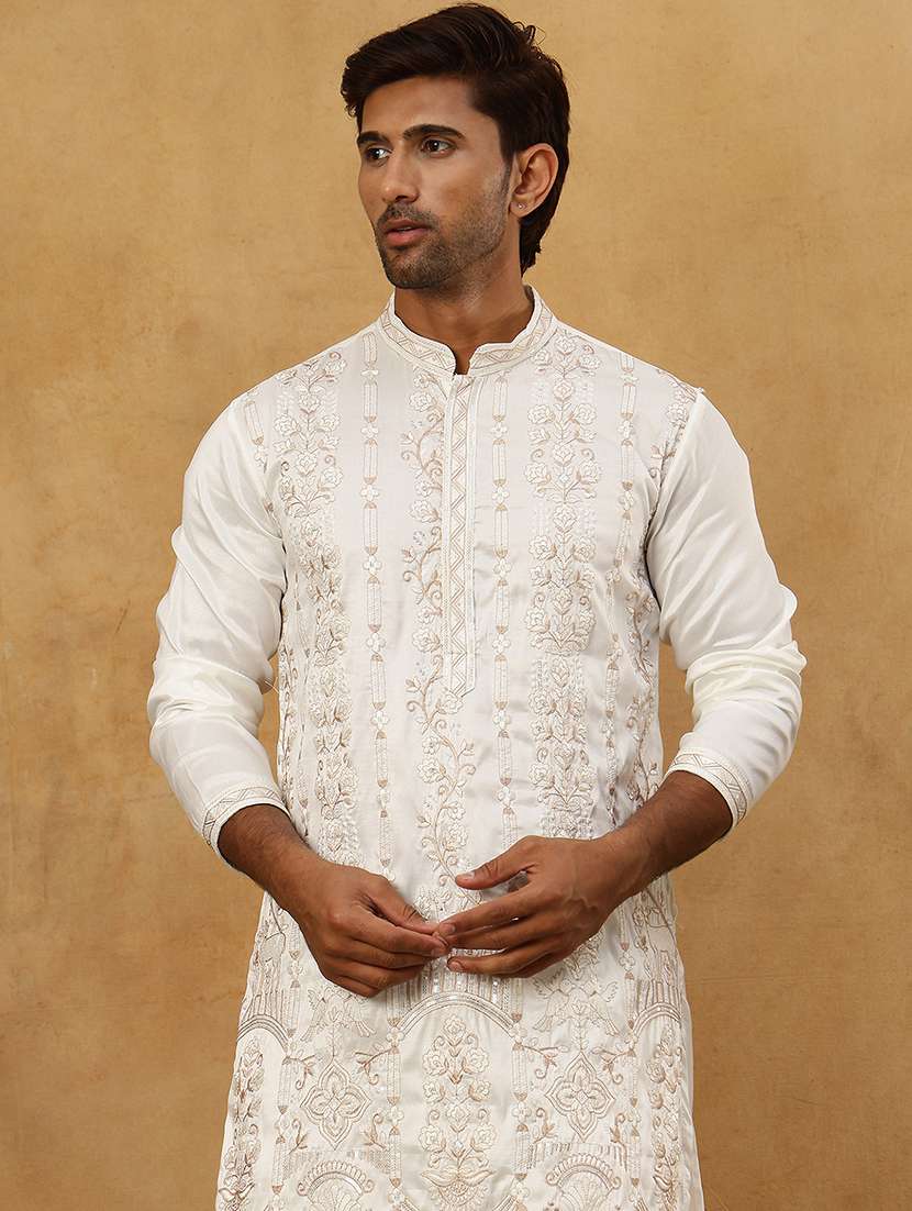 men white silk blend long kurtas kurta - 22476957 -  Standard Image - 2