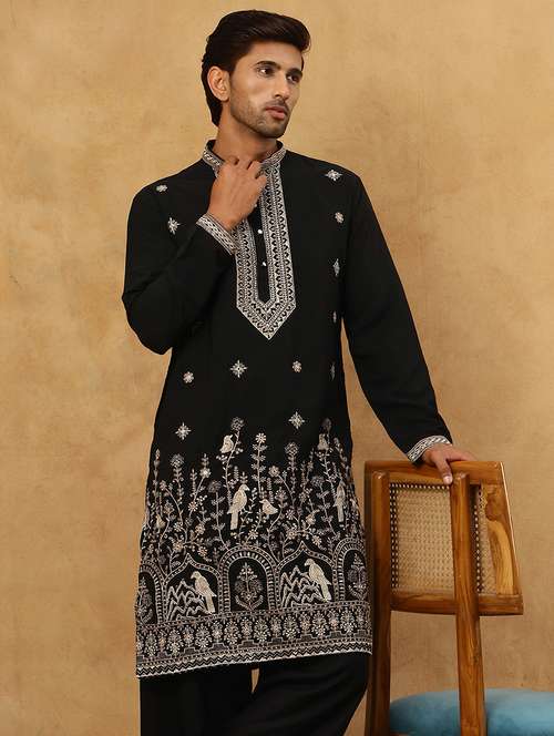 Men Black Cotton Long Kurtas Kurta