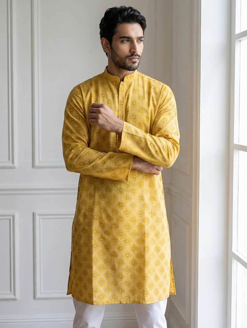 men yellow cotton long kurtas kurta
