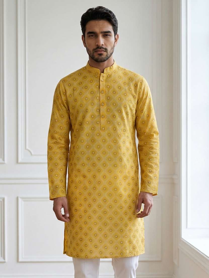 men yellow cotton long kurtas kurta - 22476982 -  Standard Image - 2